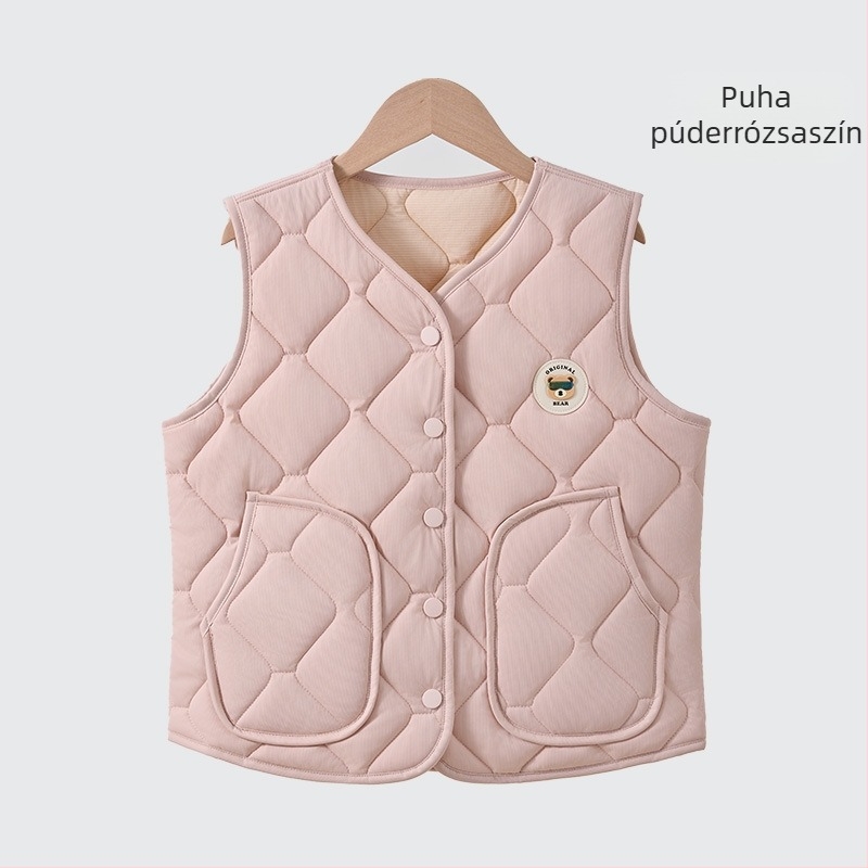 Iskolai mellény gyerekeknek, vastag gyapjú bélés, külső nylon anyag, zárás egy sor gombbal, rajzfilmszerű mintázat