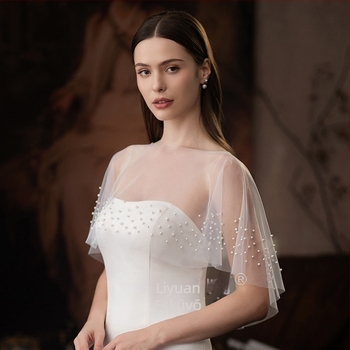 Menyasszonyi sál gyöngy díszítéssel, hálós anyag, egyszínű minta, egyszerű szövésű pulóver köpeny