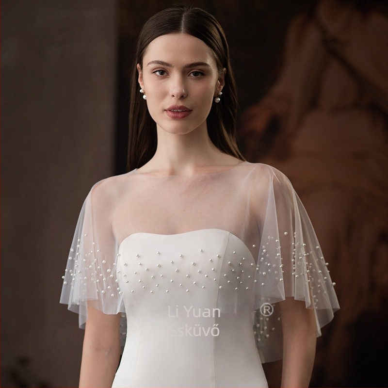 Menyasszonyi sál gyöngy díszítéssel, hálós anyag, egyszínű minta, egyszerű szövésű pulóver köpeny