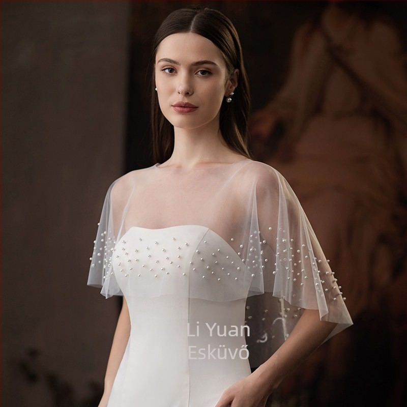 Menyasszonyi sál gyöngy díszítéssel, hálós anyag, egyszínű minta, egyszerű szövésű pulóver köpeny