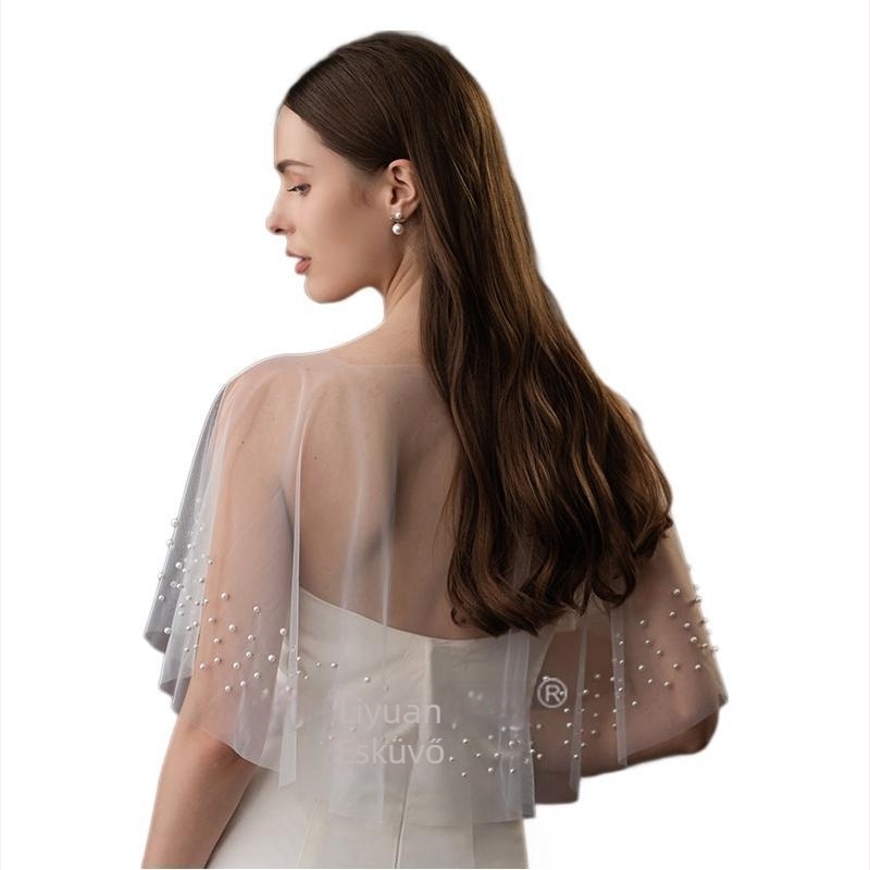 Menyasszonyi sál gyöngy díszítéssel, hálós anyag, egyszínű minta, egyszerű szövésű pulóver köpeny