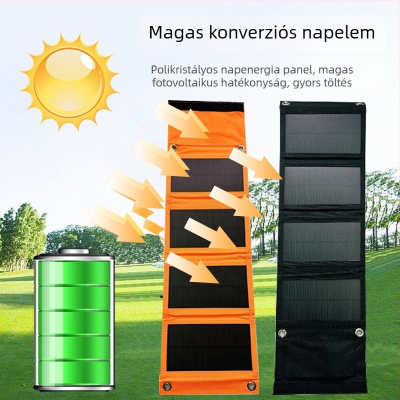 10W hordozható összecsukható napelemes panel, 4 részes kialakítás, kempingezéshez és kültéri használathoz, USB töltés