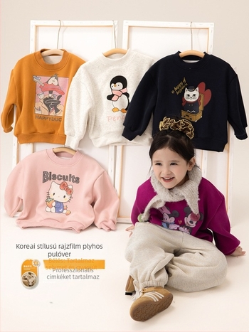 Gyerekeknek szóló cartoon nyomtatású fleece pulóver, koreai stílus, 60% pamut