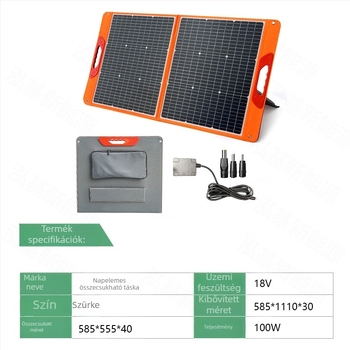 Összecsukható napelemes töltőpanel, 100W, 18V, kültéri kempinghez és energiatároláshoz