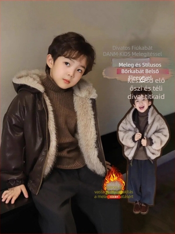 Gyermekeknek készült visszafordítható PU bőrkabát kapucnival, fleece béléssel és cipzáras záródással