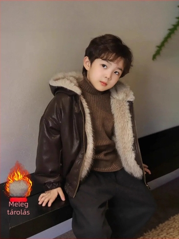 Gyermekeknek készült visszafordítható PU bőrkabát kapucnival, fleece béléssel és cipzáras záródással