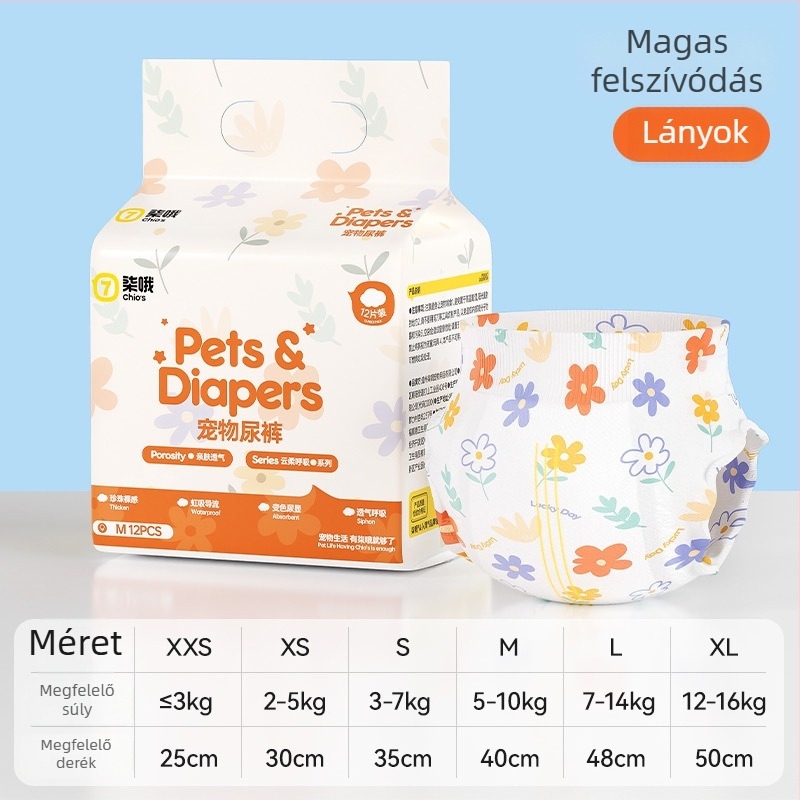 Férfi kutyáknak való pant-stilusú pelenka, belső nedvszívó betétekkel, anyagok: nemszőtt textile, polimer, fa- cellulóz, lélegző membrán, tépőzár, 12 db