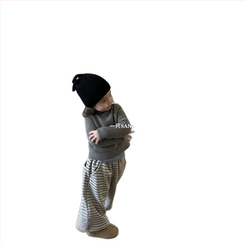 Gyerekeknek fleece-belelt egyenes szabású sportnadrág, koreai stílus, poliészter 98%, elasztikus derék, csíkos mintázat, uniszex