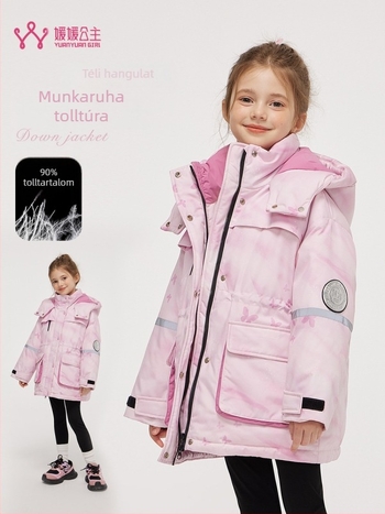 Lányoknak szánt koreai stílusú kapucnis pehelydzseki, fehér kacsa tollal töltve, téli, középhosszú, bő szabású