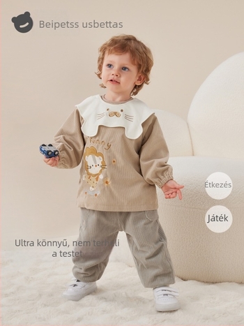 Gyerekeknek vízálló corduroy smock kötény, Cartoon minta, 100% poliészter, 0–1 évesek, 2025 ősz