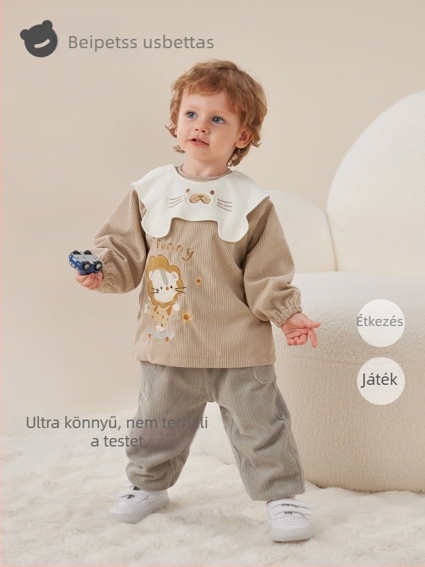 Gyerekeknek vízálló corduroy smock kötény, Cartoon minta, 100% poliészter, 0–1 évesek, 2025 ősz
