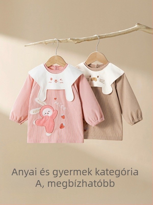 Gyerekeknek vízálló corduroy smock kötény, Cartoon minta, 100% poliészter, 0–1 évesek, 2025 ősz