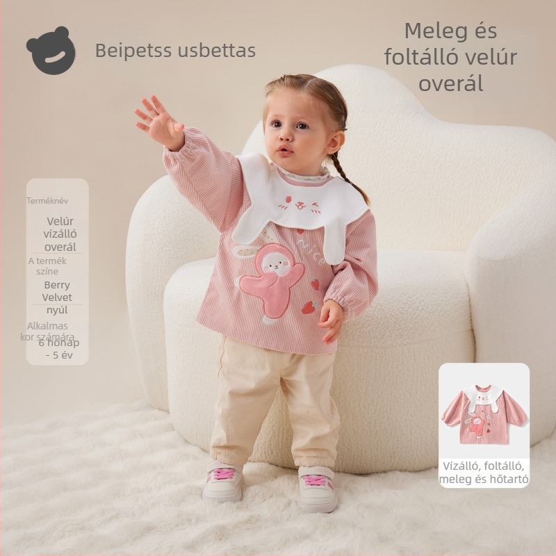 Gyerekeknek vízálló corduroy smock kötény, Cartoon minta, 100% poliészter, 0–1 évesek, 2025 ősz