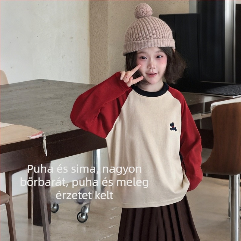 Lányoknak szóló póló, koreai stílus, 100% pamut, hosszú ujjú, kerek nyakú, tavasz–őszi szezon