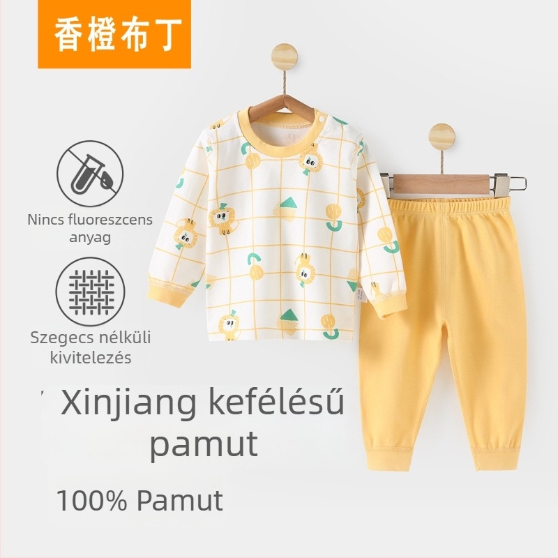 Uniszex bébi alvókészlet, 2 darab, 100% pamut, hosszú ujjú felső és hosszú nadrág, állatmintás