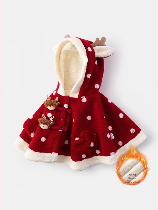 Gyerekek kapucnis, vastag pöttyös köpönyeg, szőrme bélésével, patentos záródással, téli viselet