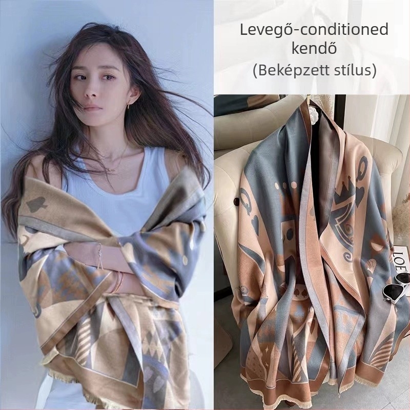 Etno-stílusú pamut sál-köpeny, jacquard szövésű warp-knit, melegen tart