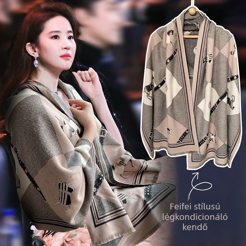 Etno-stílusú pamut sál-köpeny, jacquard szövésű warp-knit, melegen tart