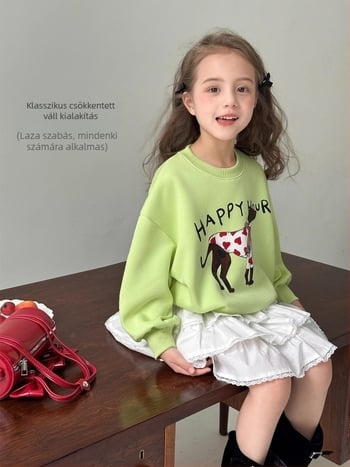 Lányoknak szóló pamut pulóver, koreai stílus, kerek nyakú, hosszú ujjú, mintázat cartoon és betűk, 3–8 éveseknek