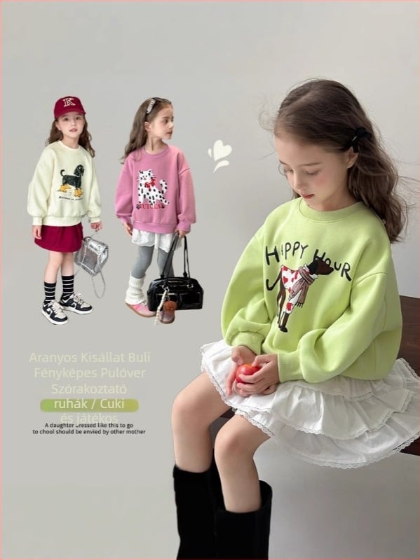 Lányoknak szóló pamut pulóver, koreai stílus, kerek nyakú, hosszú ujjú, mintázat cartoon és betűk, 3–8 éveseknek