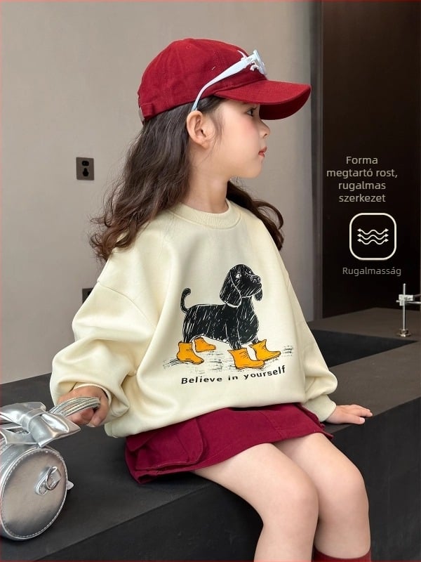 Lányoknak szóló pamut pulóver, koreai stílus, kerek nyakú, hosszú ujjú, mintázat cartoon és betűk, 3–8 éveseknek