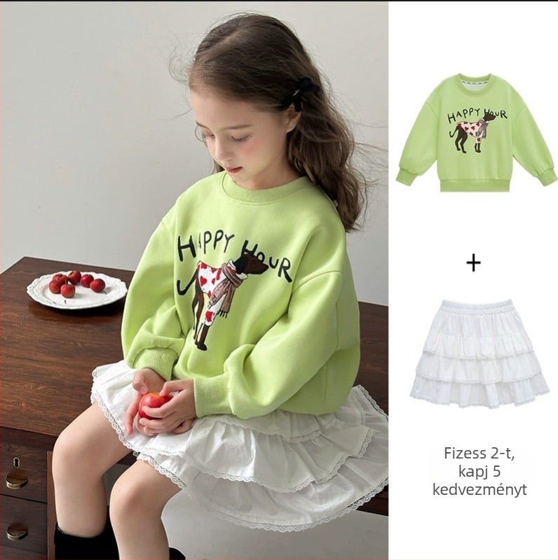 Lányoknak szóló pamut pulóver, koreai stílus, kerek nyakú, hosszú ujjú, mintázat cartoon és betűk, 3–8 éveseknek