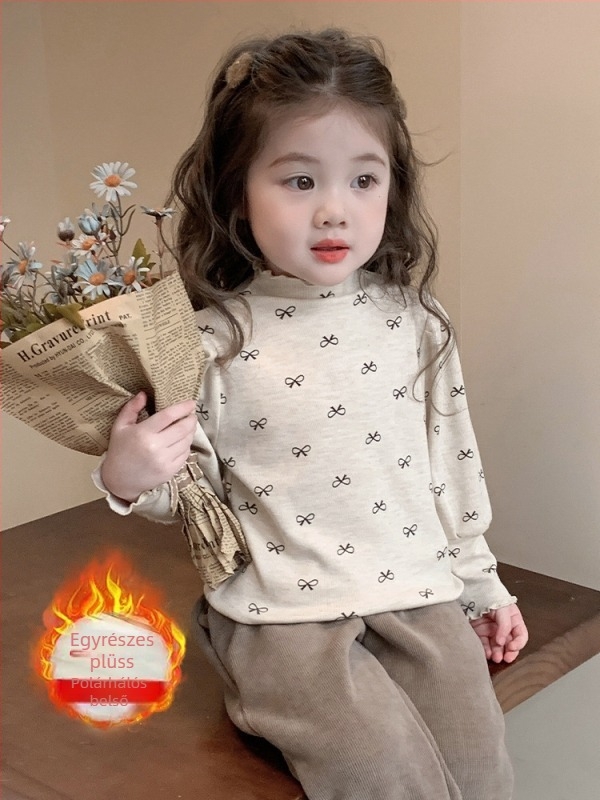 Lányos fleece alap felső, koreai stílus, magas nyakú, pamut fleece, téli viselet