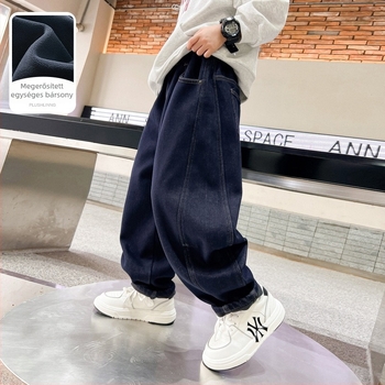 Fleece bevonatú fiúknak szóló farmernadrág, egyenes szabású, pamut denim, 71,8% pamut, középmagasságú derekú elasztikus övvel