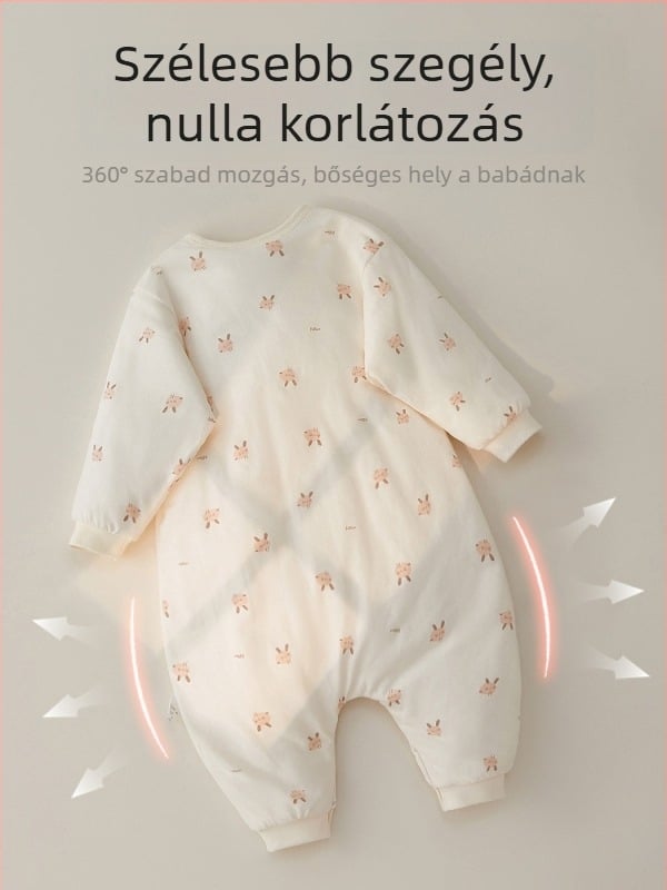 Téli vastag bébi hálózsák hosszú ujjúval és szétválasztott lábakkal, fém cipzár, pamut külső és tiszta pamut bélés