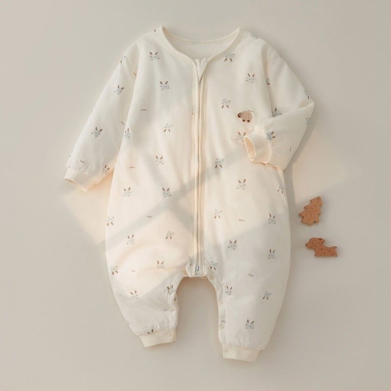 Téli vastag bébi hálózsák hosszú ujjúval és szétválasztott lábakkal, fém cipzár, pamut külső és tiszta pamut bélés