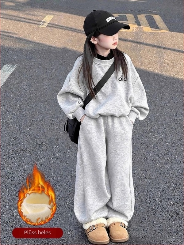 Lányok őszi casual kétdarabos készlet: hosszú ujjú pulóver felső + hosszú nadrág, egyszínű, 80% poliészter