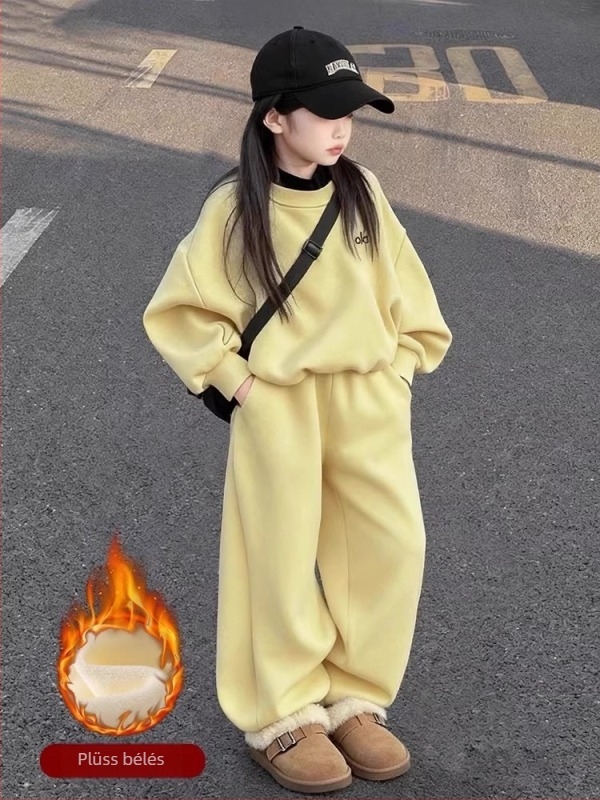 Lányok őszi casual kétdarabos készlet: hosszú ujjú pulóver felső + hosszú nadrág, egyszínű, 80% poliészter