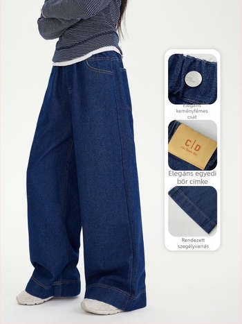 Lányoknak szóló koreai stílusú laza farmernadrág, magas derekú, széles szárú, 80% pamut, 140 cm fölötti gyerekeknek