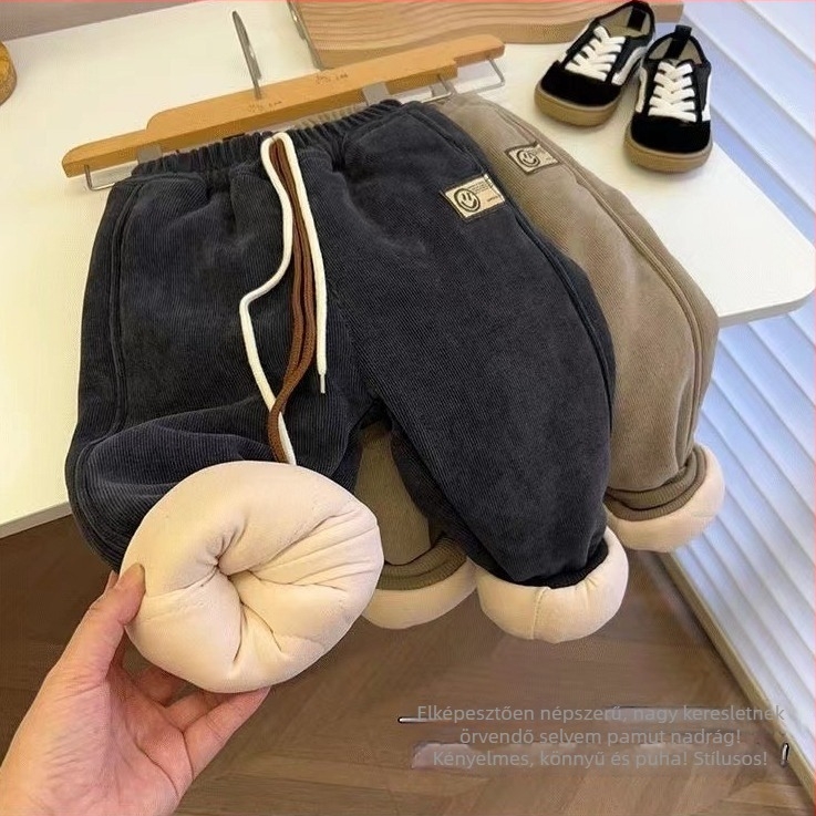 Gyerekek téli pamutnadrág, koreai stílus, fleece bélés, 95% pamut, középmagas derekú elasztikus övvel, 3–8 évesek