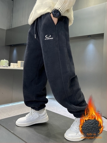 Fiúknak szánt téli fleece béléses nadrág, koreai stílus, poliészter anyag, középmagas derekú, elasztikus záródás