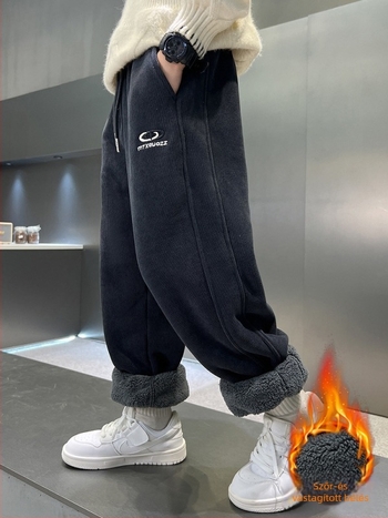 Fiúknak szánt téli fleece béléses nadrág, koreai stílus, poliészter anyag, középmagas derekú, elasztikus záródás