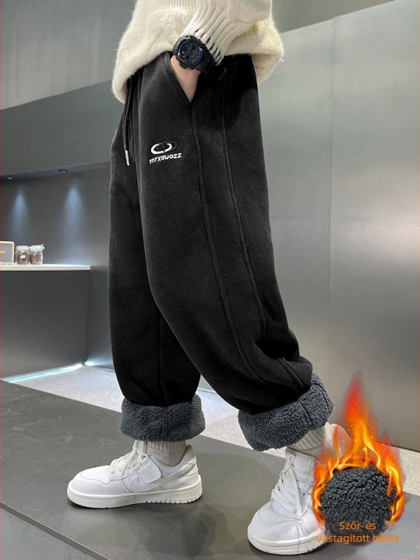 Fiúknak szánt téli fleece béléses nadrág, koreai stílus, poliészter anyag, középmagas derekú, elasztikus záródás