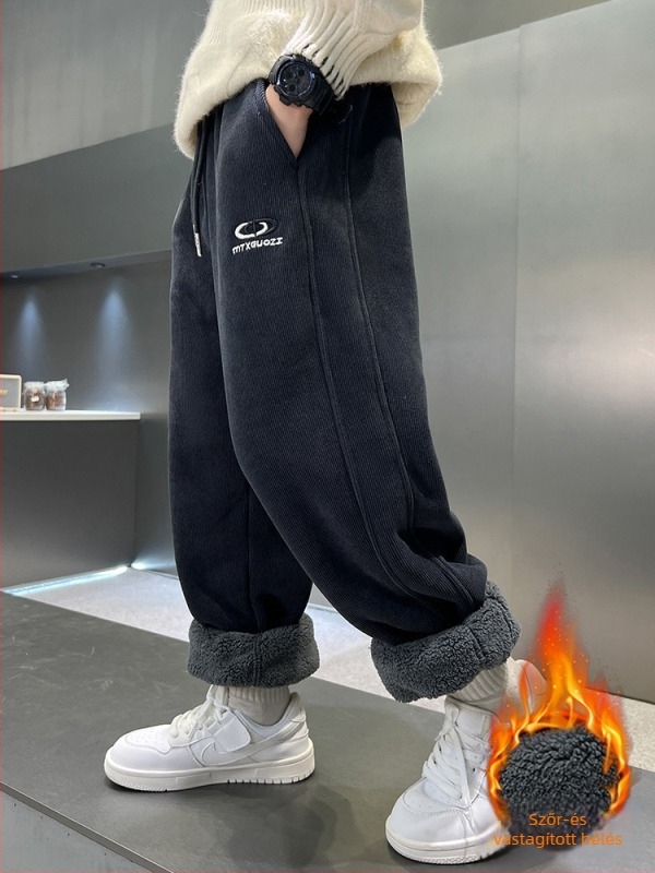 Fiúknak szánt téli fleece béléses nadrág, koreai stílus, poliészter anyag, középmagas derekú, elasztikus záródás