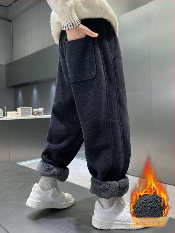 Fiúknak szánt téli fleece béléses nadrág, koreai stílus, poliészter anyag, középmagas derekú, elasztikus záródás