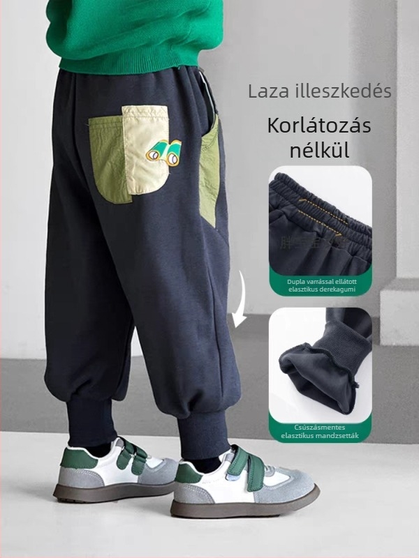 Fiúknak készített casual stílusú sportnadrág, hosszú, elasztikus derékkal, pamutkeverék anyag (62.8% pamut), 3–8 éveseknek