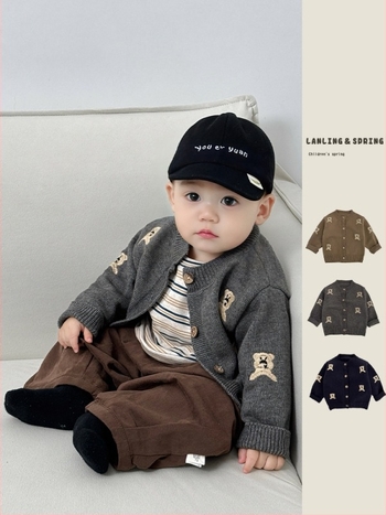 Koreai-stílusú fiúk számára: két részes kötött kardigán és nadrág szett, 1–3 éveseknek, hosszú ujjú, könnyű anyag, tavasz-őszi