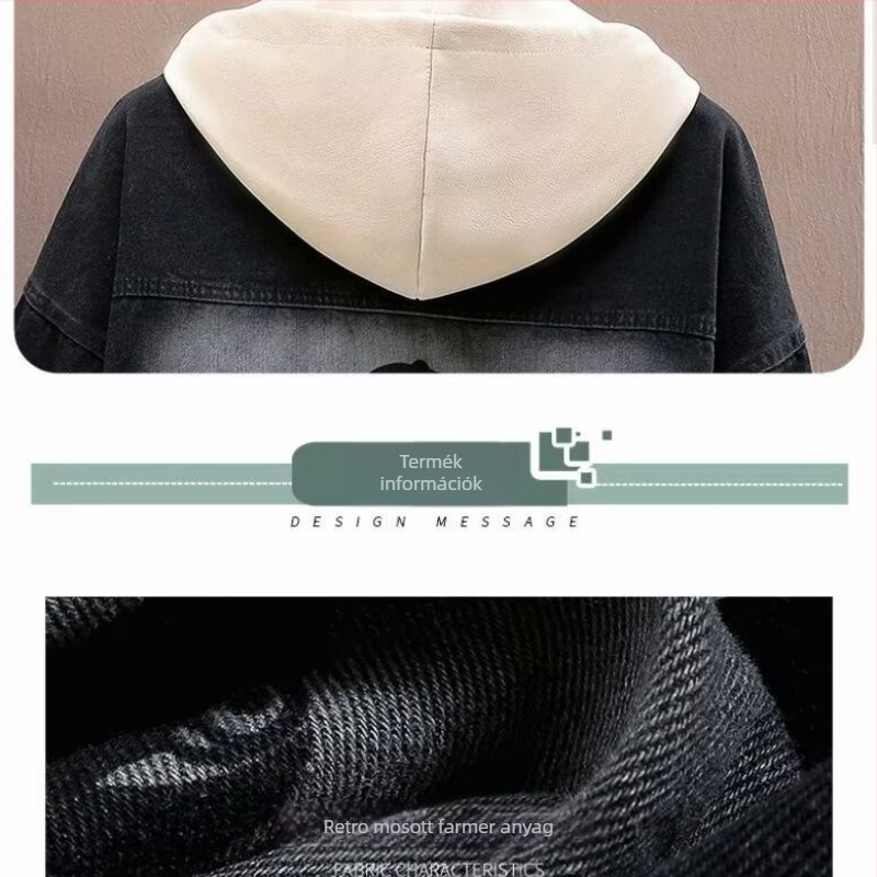 Férfi denim dzseki álló gallérral, laza szabású, kapucni nélkül, hosszú ujjú, 3D patch zsebek, egyszínű, poliészter-keverék anyag