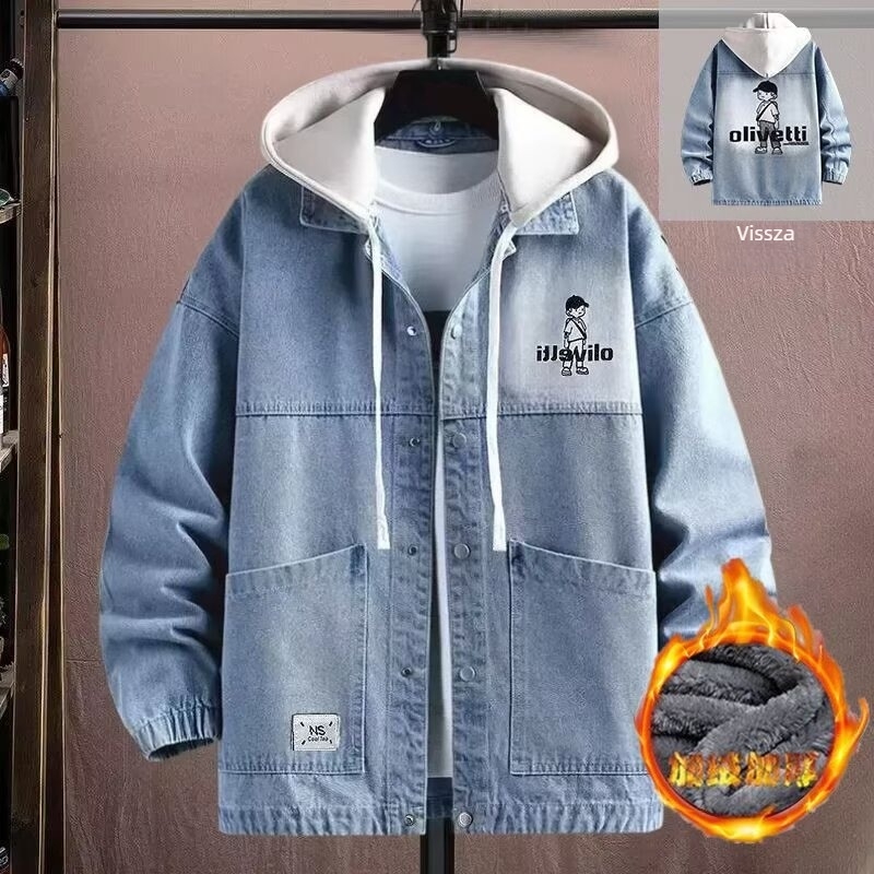 Férfi denim dzseki álló gallérral, laza szabású, kapucni nélkül, hosszú ujjú, 3D patch zsebek, egyszínű, poliészter-keverék anyag