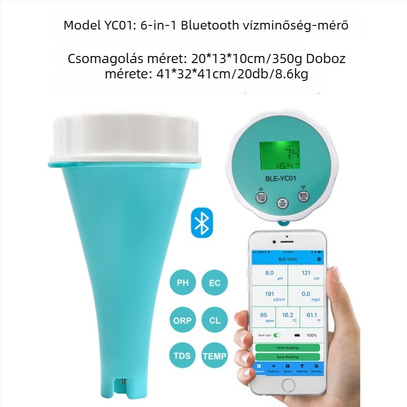 Bluetoothos vízminőség-elemző, hat egyben medencéhez: pH / ORP / EC / TDS / Hőmérséklet