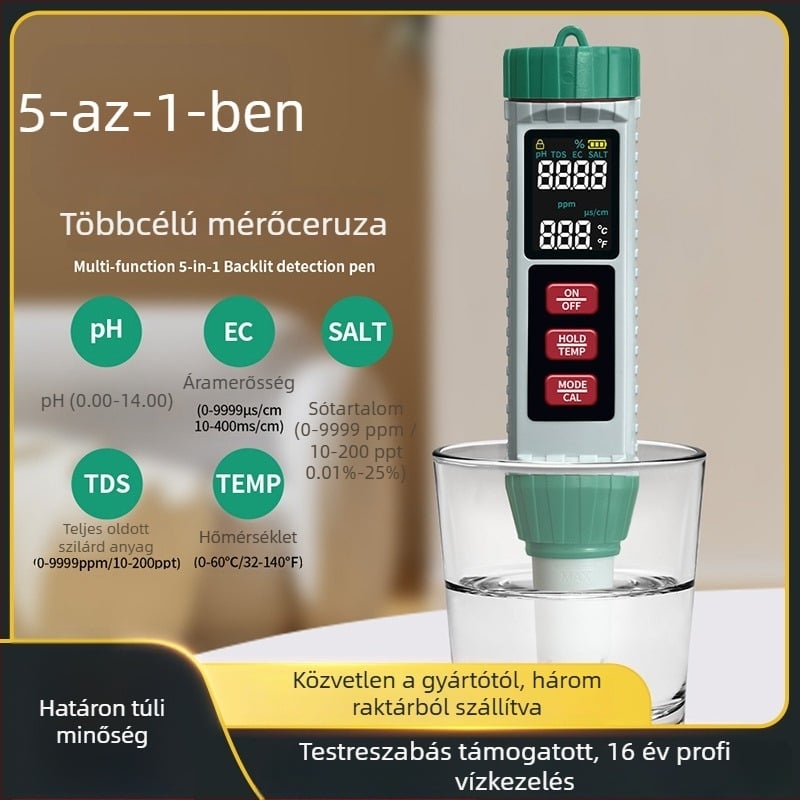 Hordozható vízminőség-analizáló 5 az 1-ben: pH, EC, TDS, sókoncentráció és hőmérséklet (Model MF-X51)
