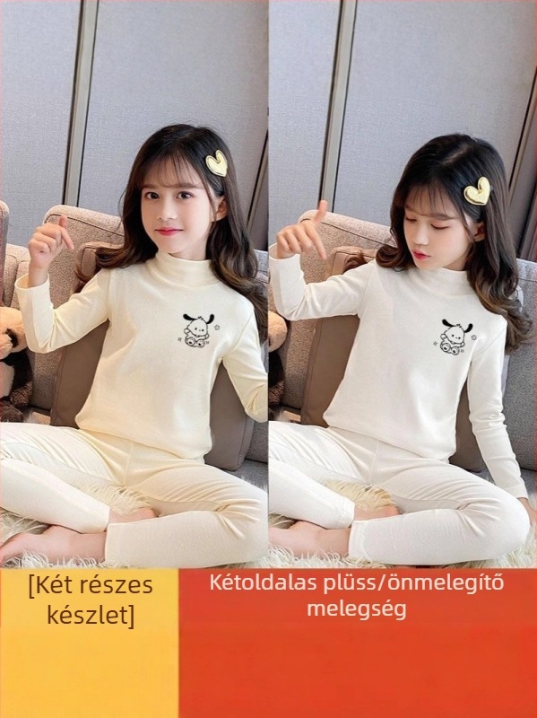 Lányoknak terry anyagú félmagas galléros pizsamszett, két darabos, őszi-téli szezon, 3–8 éveseknek