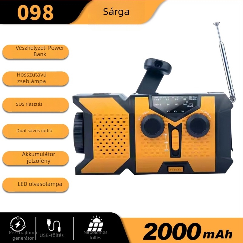 Sürgősségi teljes sávos rádióvevő USB interfésszel, beépített hangszóróval és 2000mAh akkumulátorral