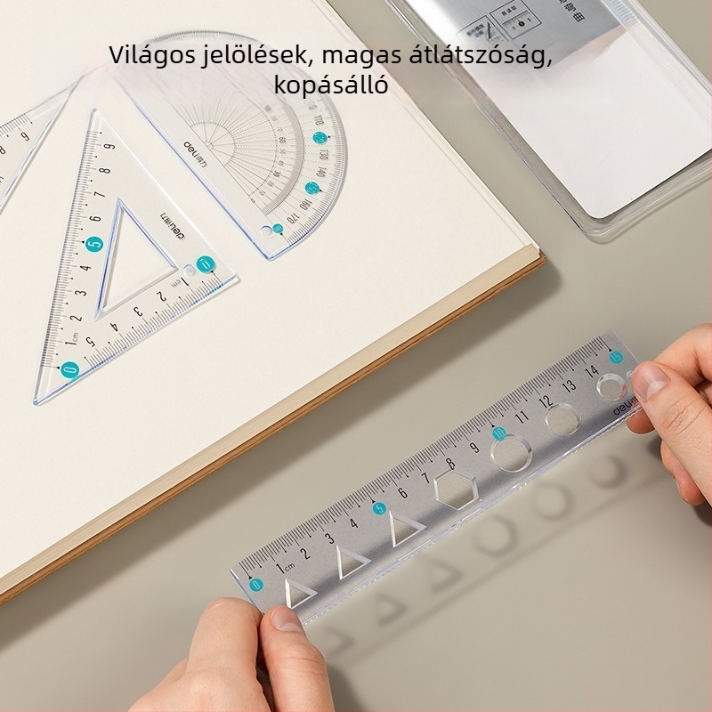 Deli puha vonalzó diákoknak, négy darabos PVC készlet, VC17/VC18 modellek, skála és szögmérő