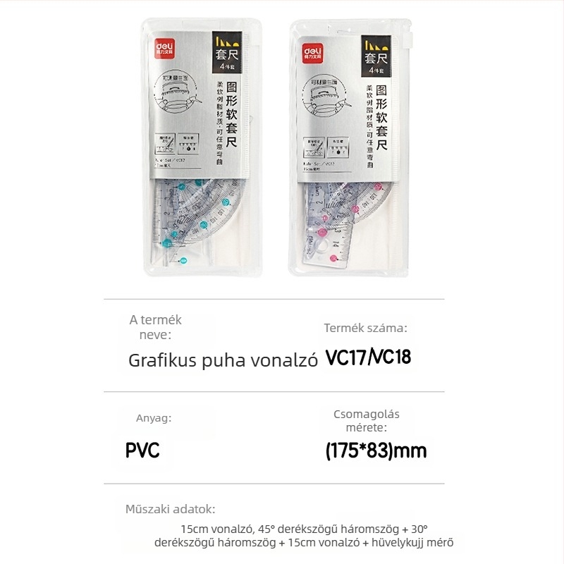 Deli puha vonalzó diákoknak, négy darabos PVC készlet, VC17/VC18 modellek, skála és szögmérő