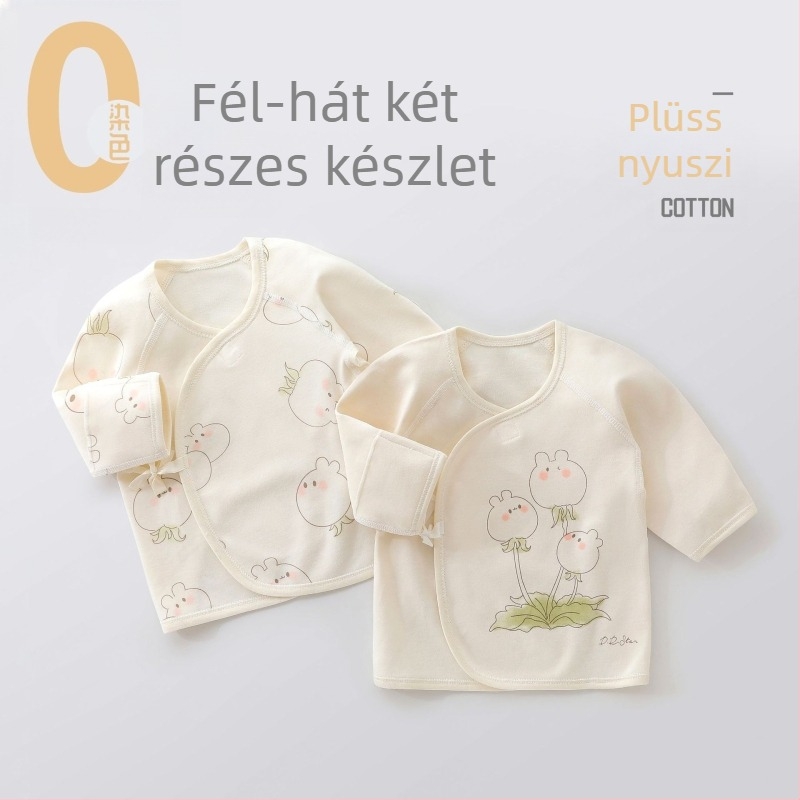 Két darabos újszülött ruhaszett, 100% pamut, hosszú ujjú felső kerek nyakkal, szerzetesi stílusú dizájn, uniszex, tavasz–ősz.